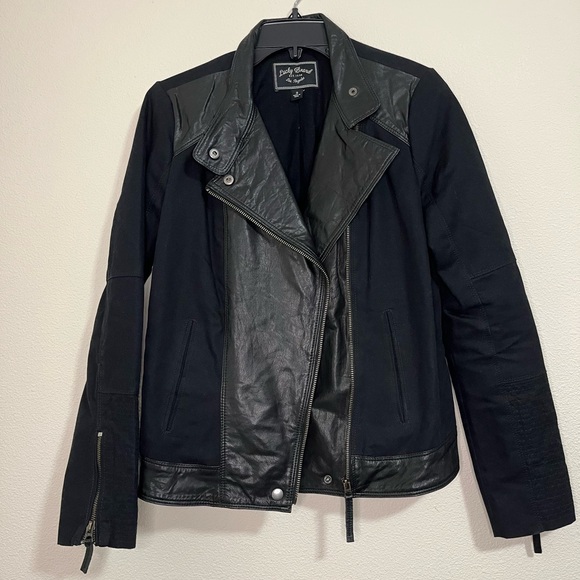 Lucky Brand Jackets & Blazers - Lucky Brand Leather Canvas Black Full Zip Moto Jacket Size S